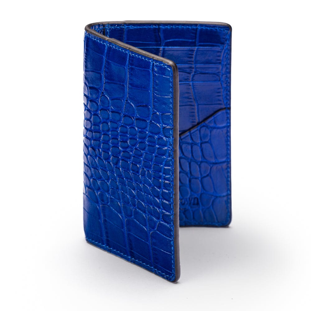 Leather card holder with RFID protection, cobalt croc, front
