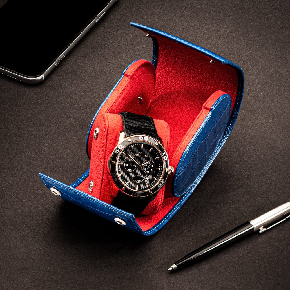 Single watch roll, cobalt croc, lifestyle