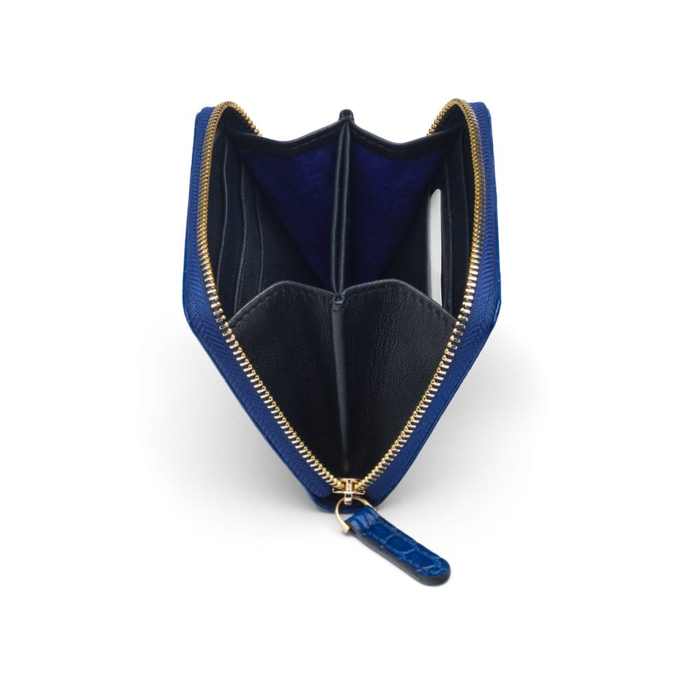 Small leather zip around accordion coin purse, cobalt croc, inside