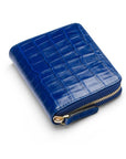Small leather zip around accordion coin purse, cobalt croc, front