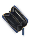 Small leather zip around accordion coin purse, cobalt croc, open