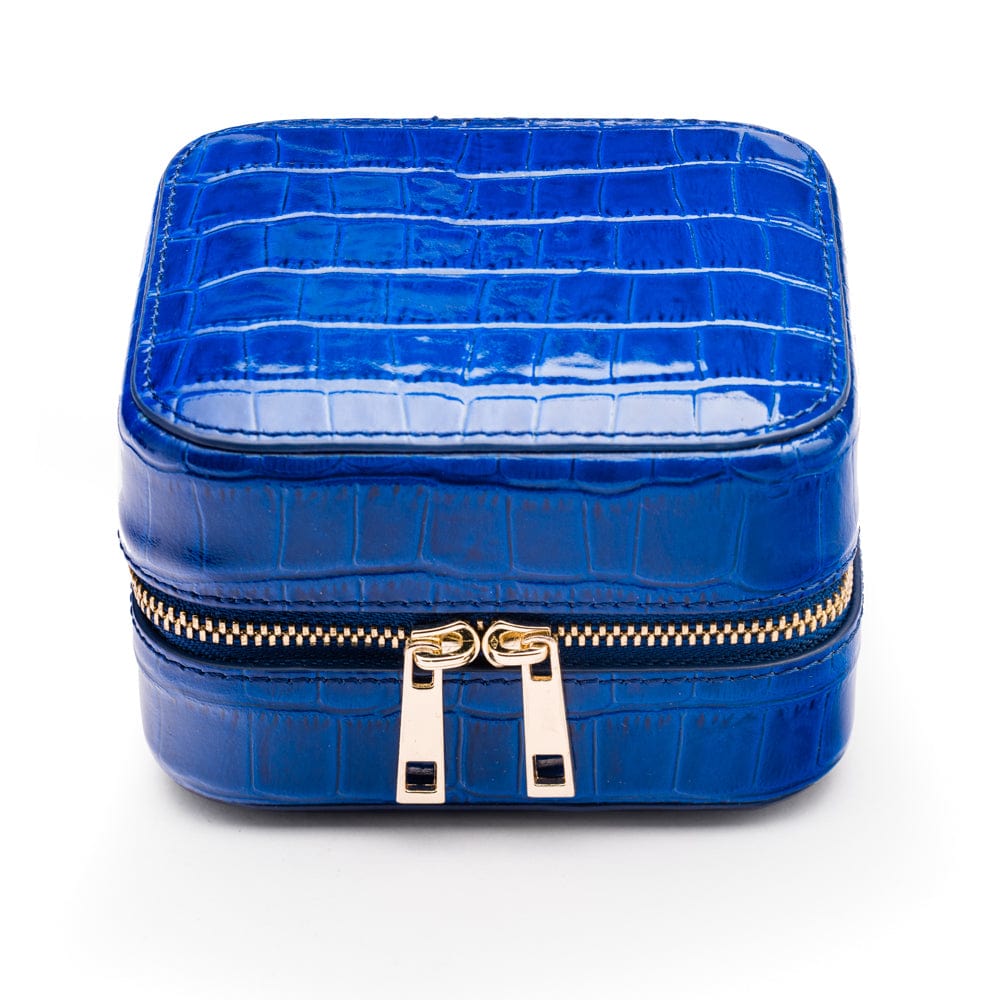Leather travel jewellery case with zip, cobalt croc, front view