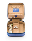 Leather travel jewellery case with zip, cobalt croc, open view