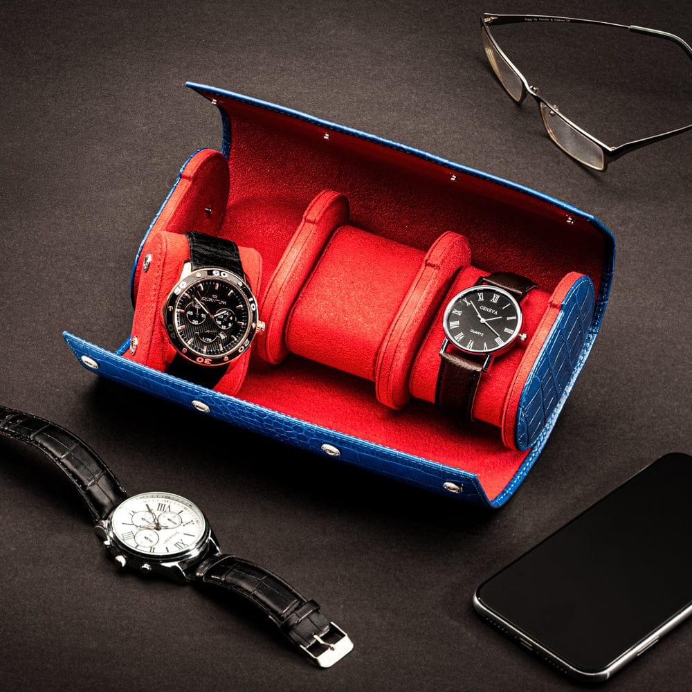 Triple watch roll, cobalt croc, lifestyle