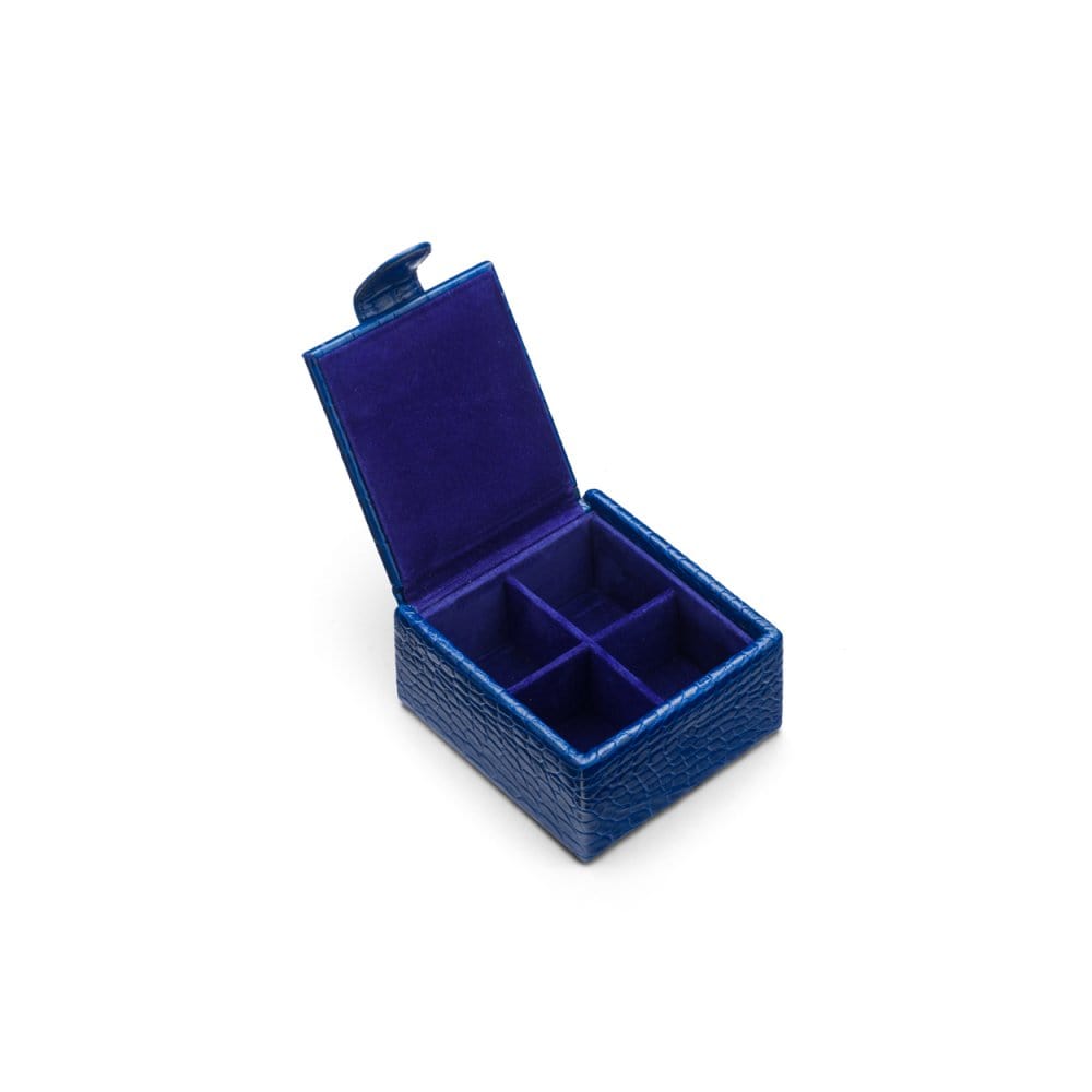 Leather jewellery box, cobalt croc, inside