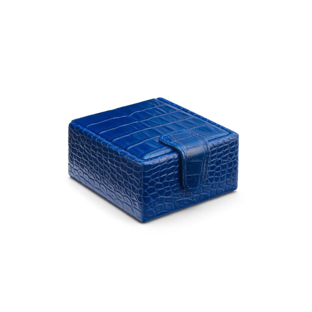 Leather jewellery box, cobalt croc, front