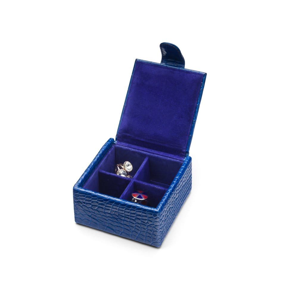 Leather jewellery box, cobalt croc, open