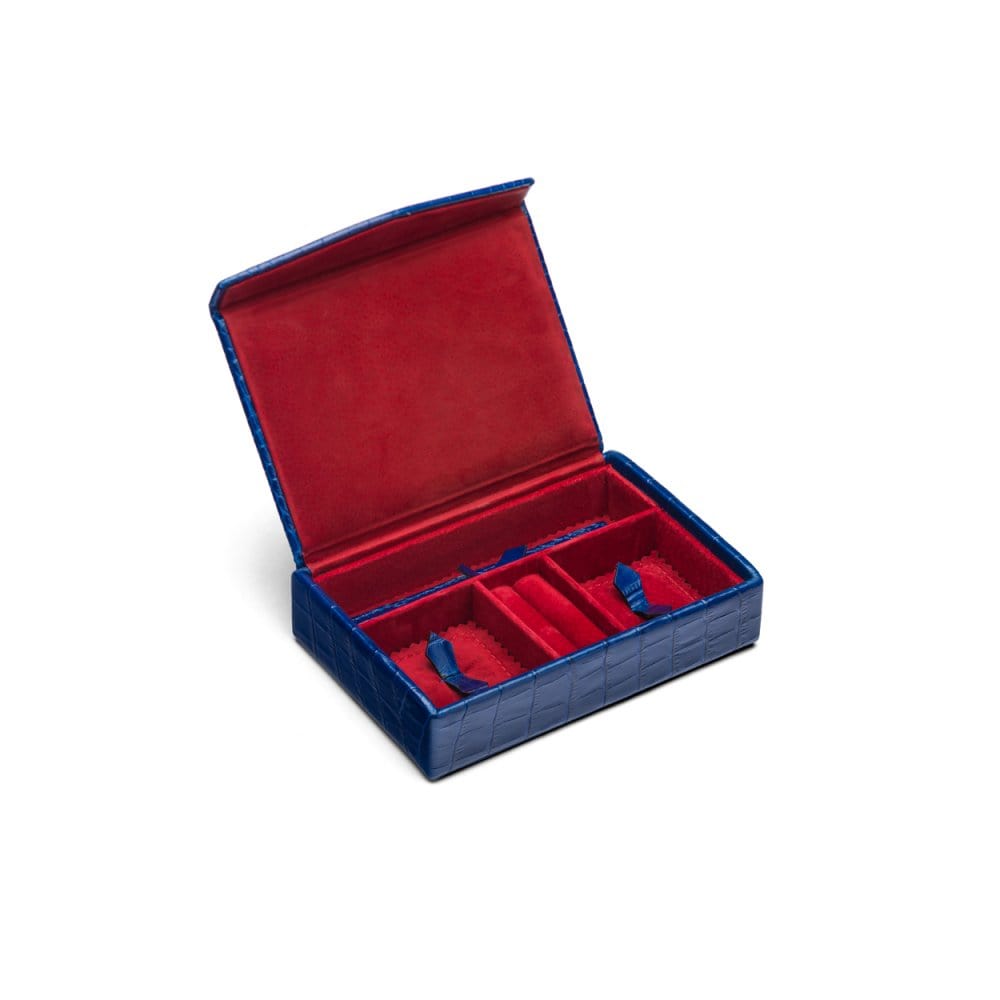 Luxury leather jewellery box, cobalt croc, inside