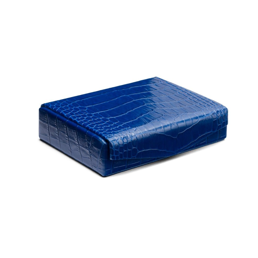 Luxury leather jewellery box, cobalt croc, front