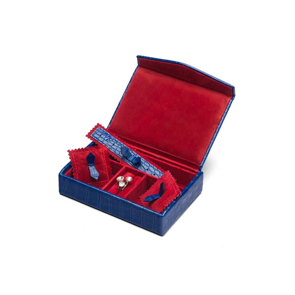 Luxury leather jewellery box, cobalt croc, open