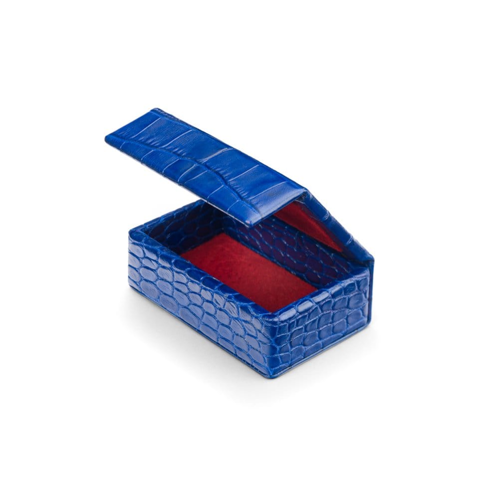 Mini leather accessory box, cobalt croc, open