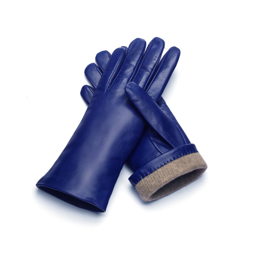 Cashmere lined leather gloves ladies, cobalt