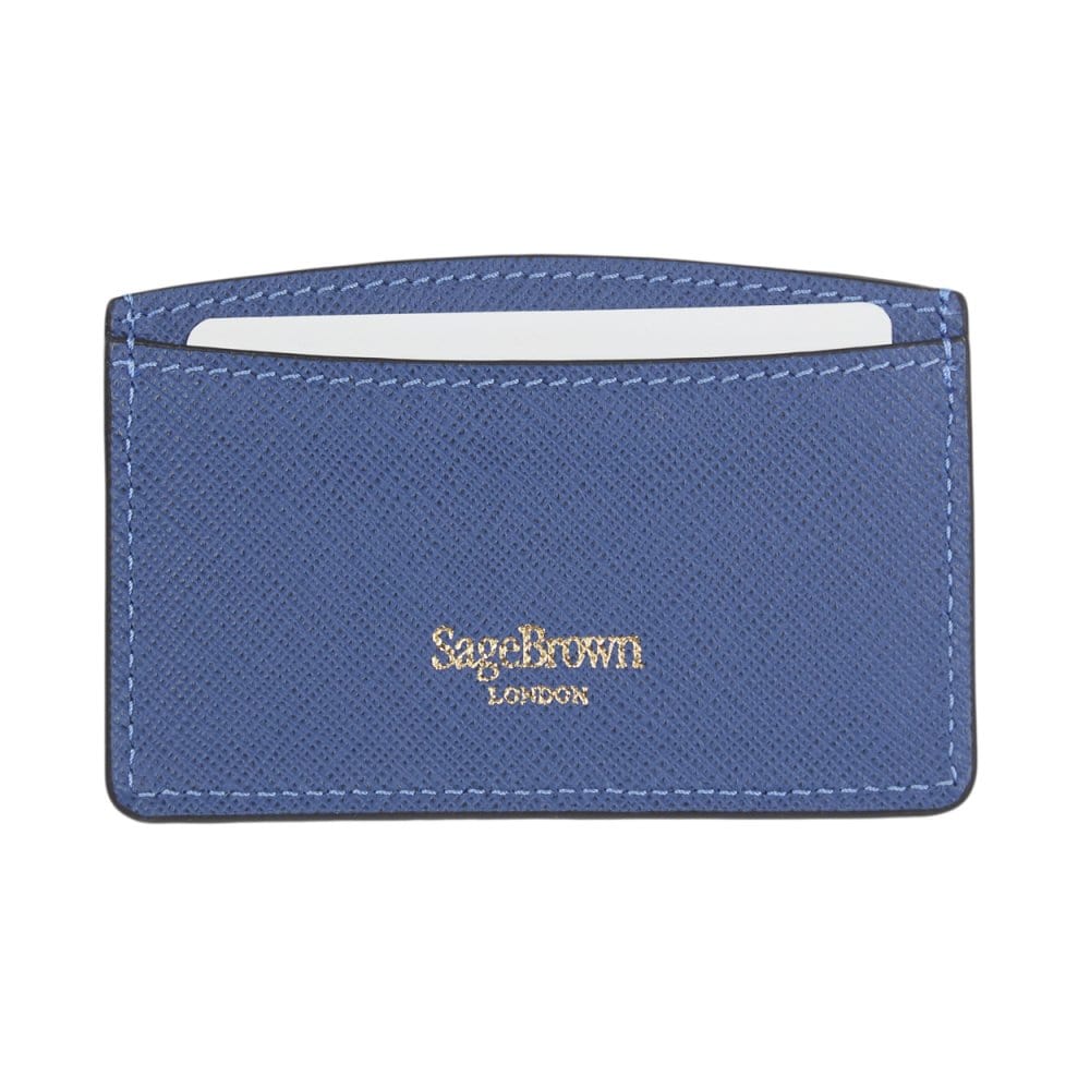 Cobalt Saffiano Flat Leather Credit Card Case With RFID Blocking Lining