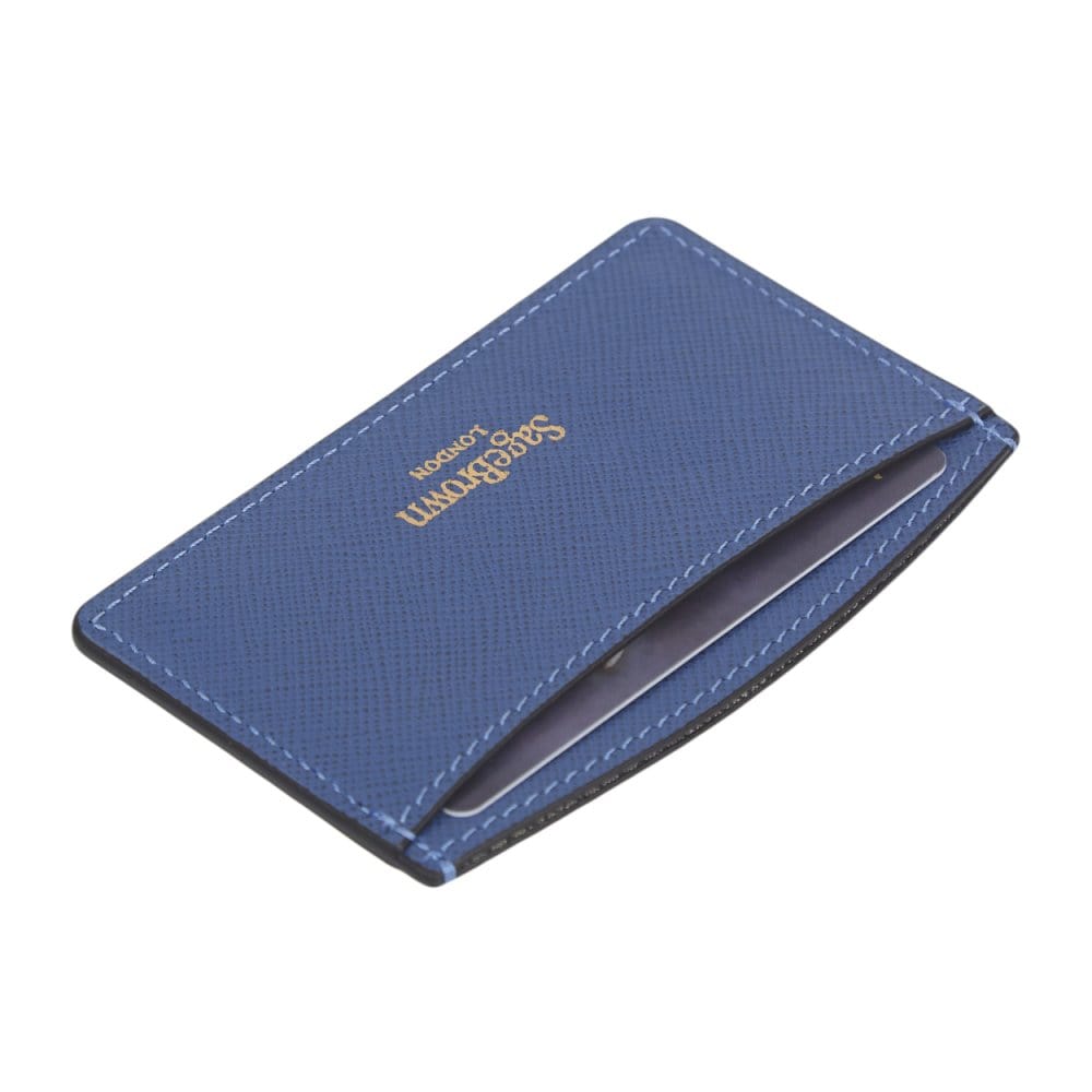 Cobalt Saffiano Flat Leather Credit Card Case With RFID Blocking Lining