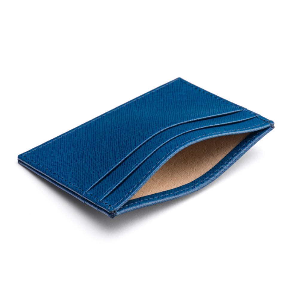 Flat leather credit card wallet 4 CC, cobalt saffiano, inside
