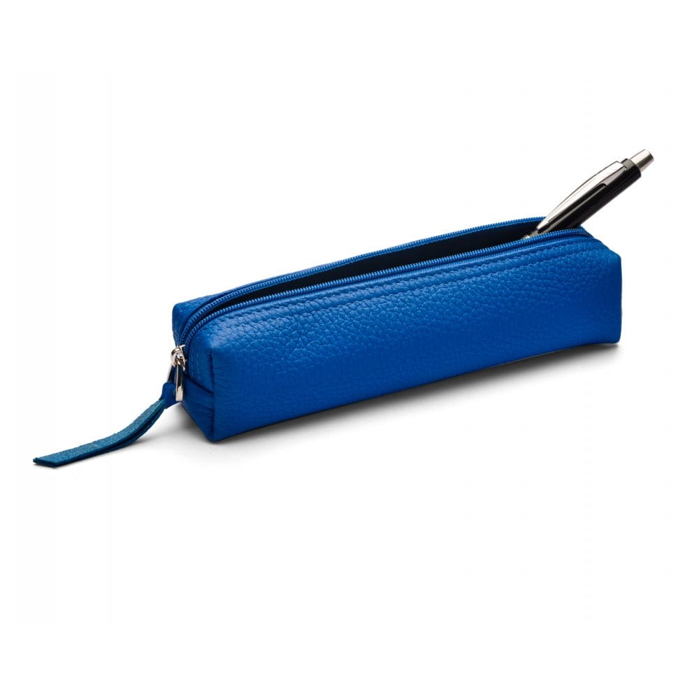 Leather pencil case, cobalt pebble grain, open
