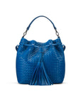 Woven leather bucket bag, cobalt, front