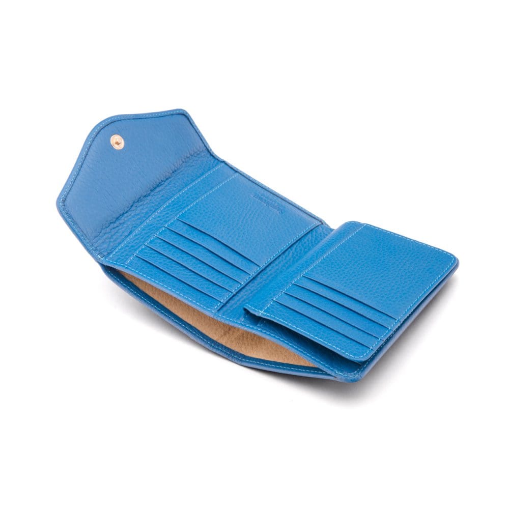 Large leather purse with 15 CC, cobalt, open