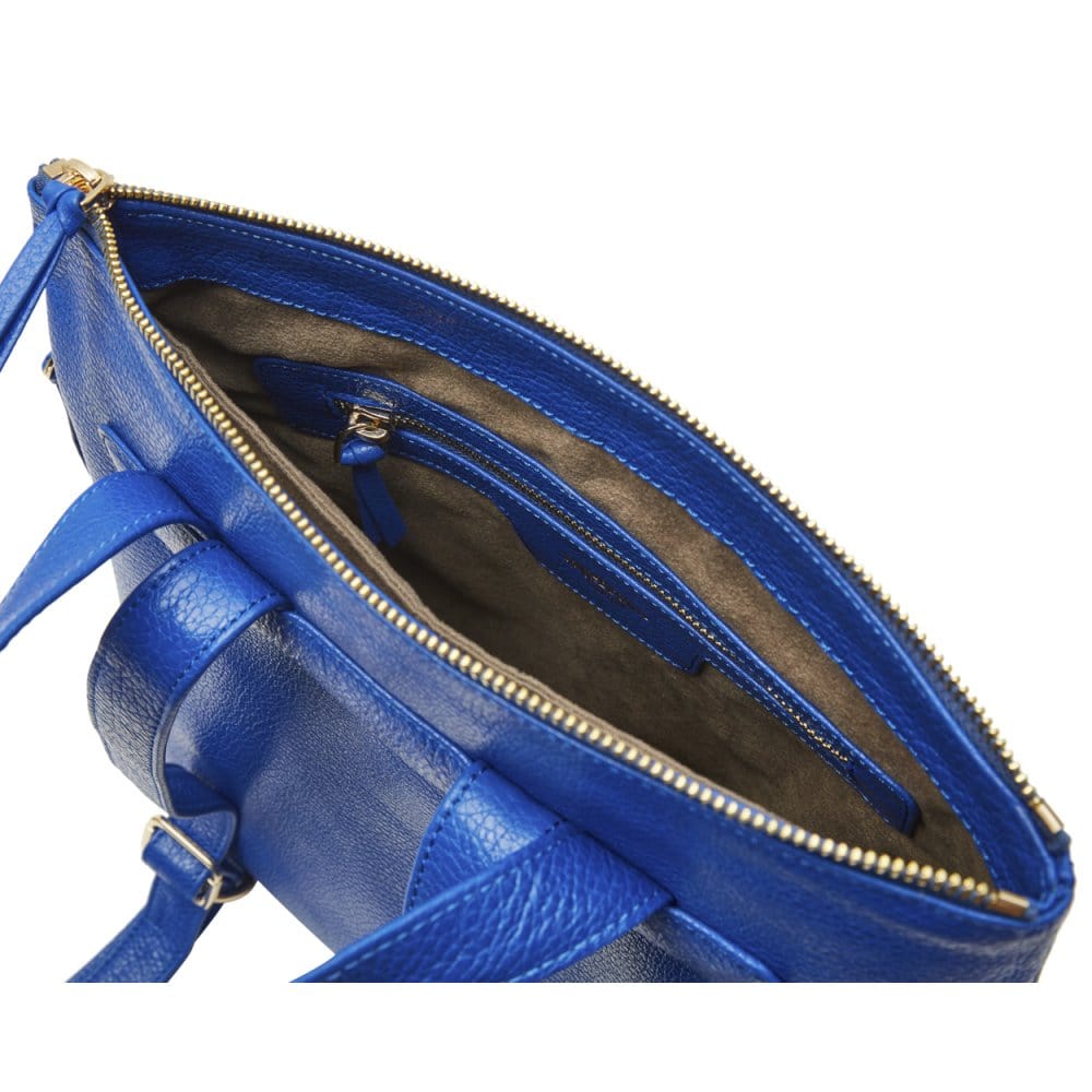 Leather 13" laptop backpack, cobalt, inside