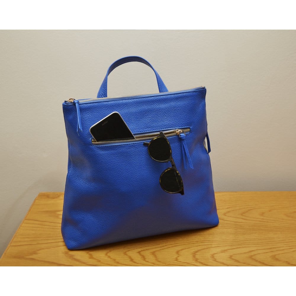 Leather 13" laptop backpack, cobalt, lifestyle