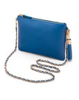 Leather cross body bag with chain strap, cobalt