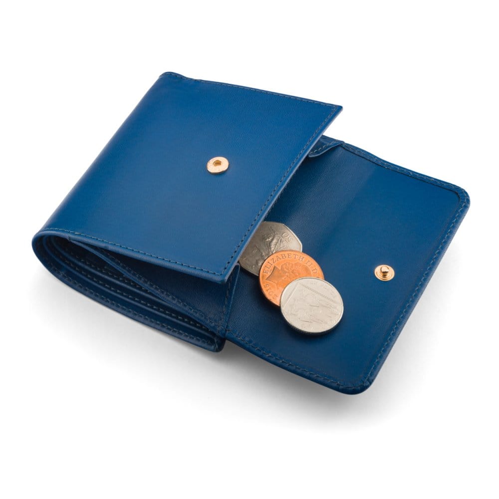 Leather purse with brass clasp, cobalt, open
