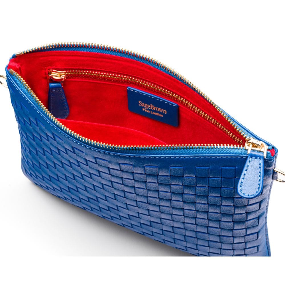 Leather woven cross body bag, cobalt, inside