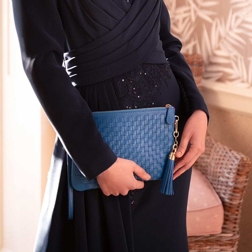 Leather woven cross body bag and clutch bag, cobalt, lifestylephia