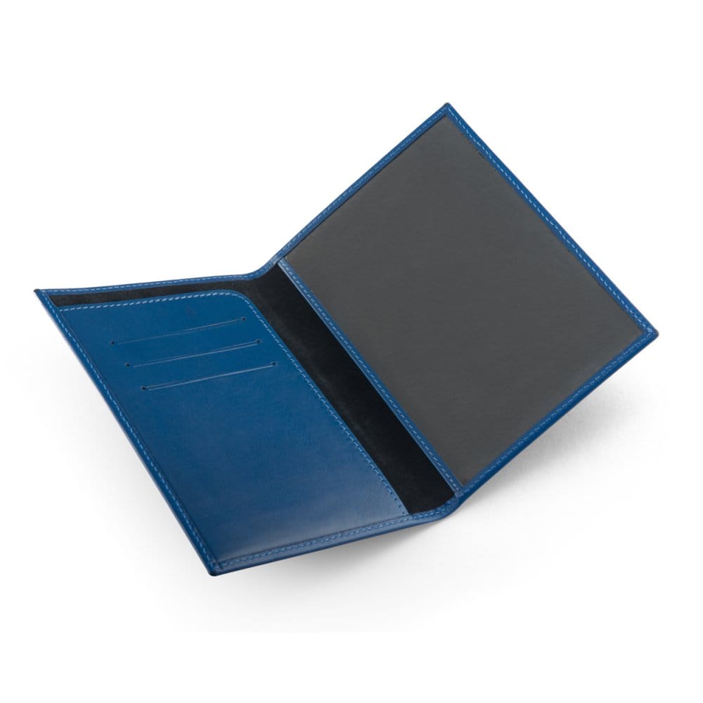 Luxury leather passport cover, cobalt, open