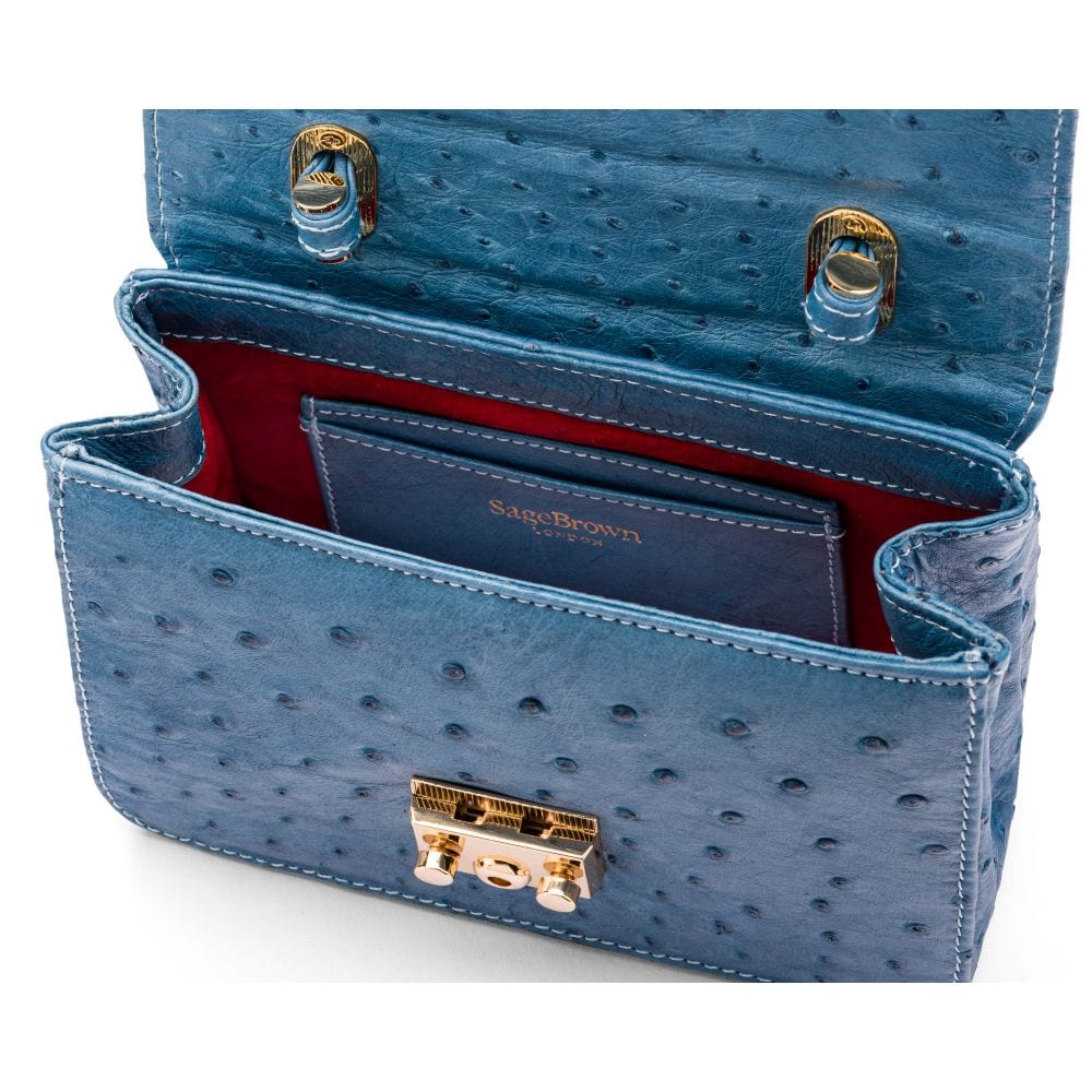 Ostrich leather Betty bag with top handle, cobalt ostrich, inside