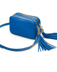 Woven leather camera bag, cobalt, side