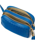 Woven leather camera bag, cobalt, inside