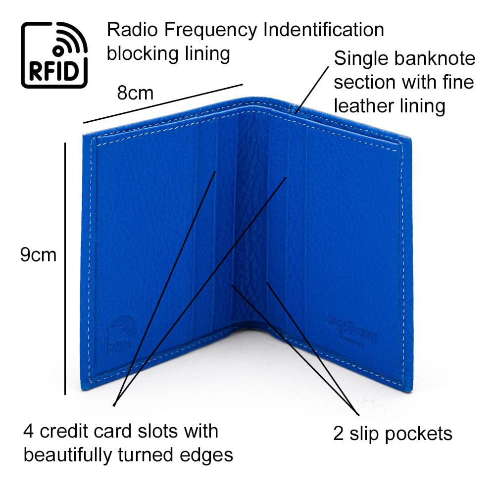 RFID leather wallet with 4 CC, cobalt, features