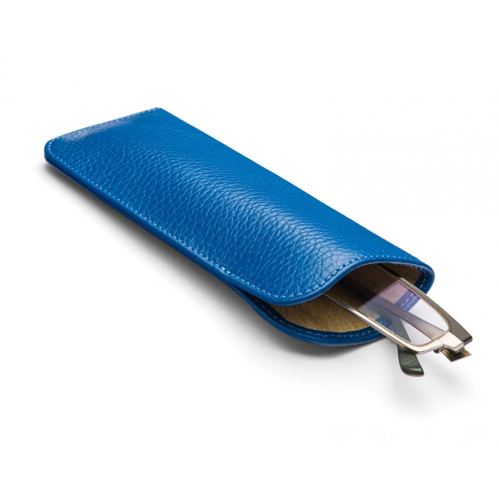 Small leather glasses case, cobalt, open