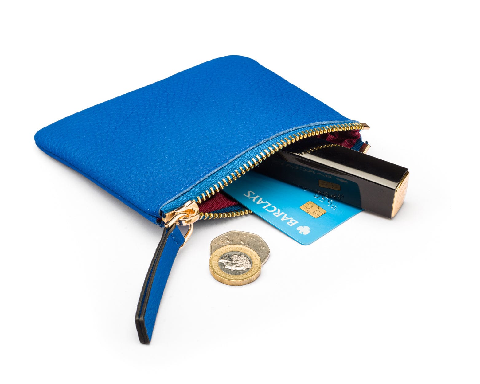 Small leather makeup bag, cobalt, inside view