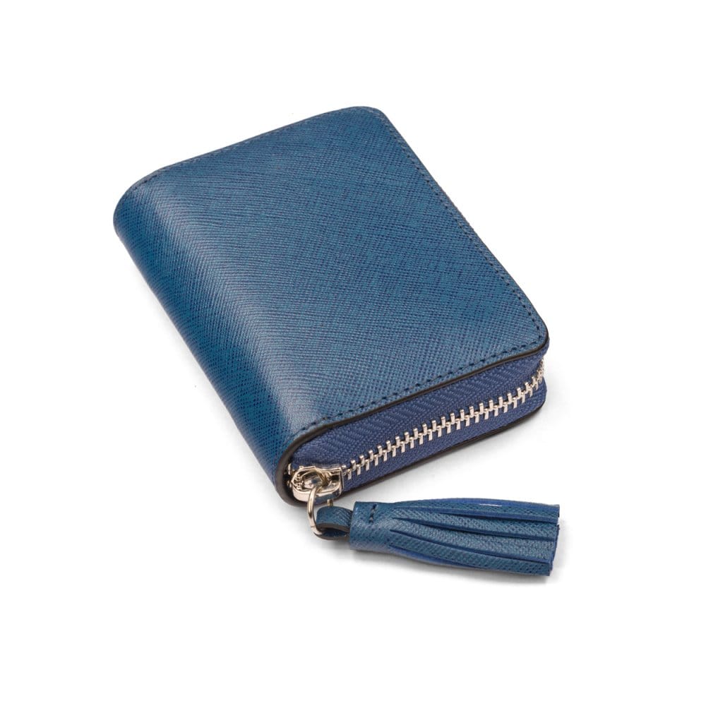 Small leather zip around coin purse, cobalt saffiano, front
