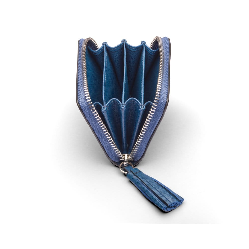 Small leather zip around coin purse, cobalt saffiano, open
