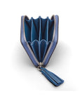 Small leather zip around coin purse, cobalt saffiano, open