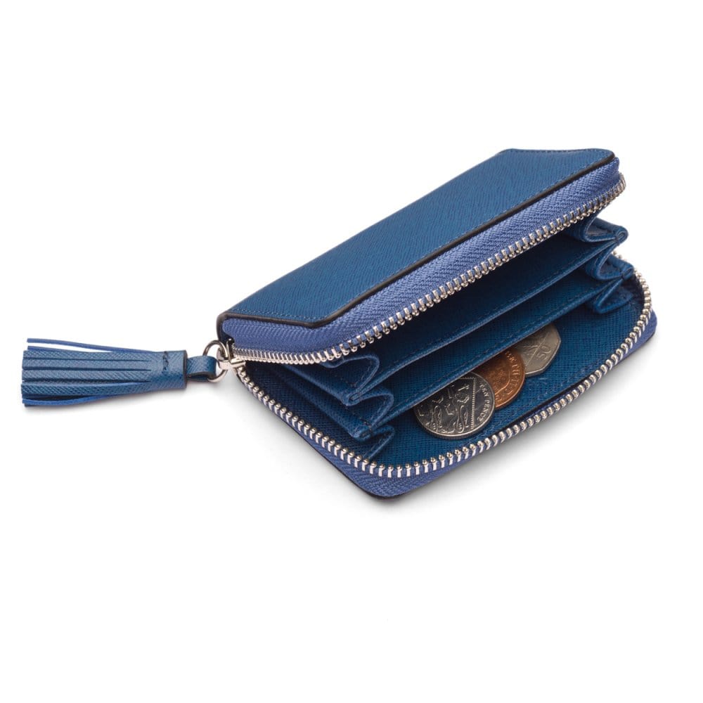 Small leather zip around coin purse, cobalt saffiano, inside