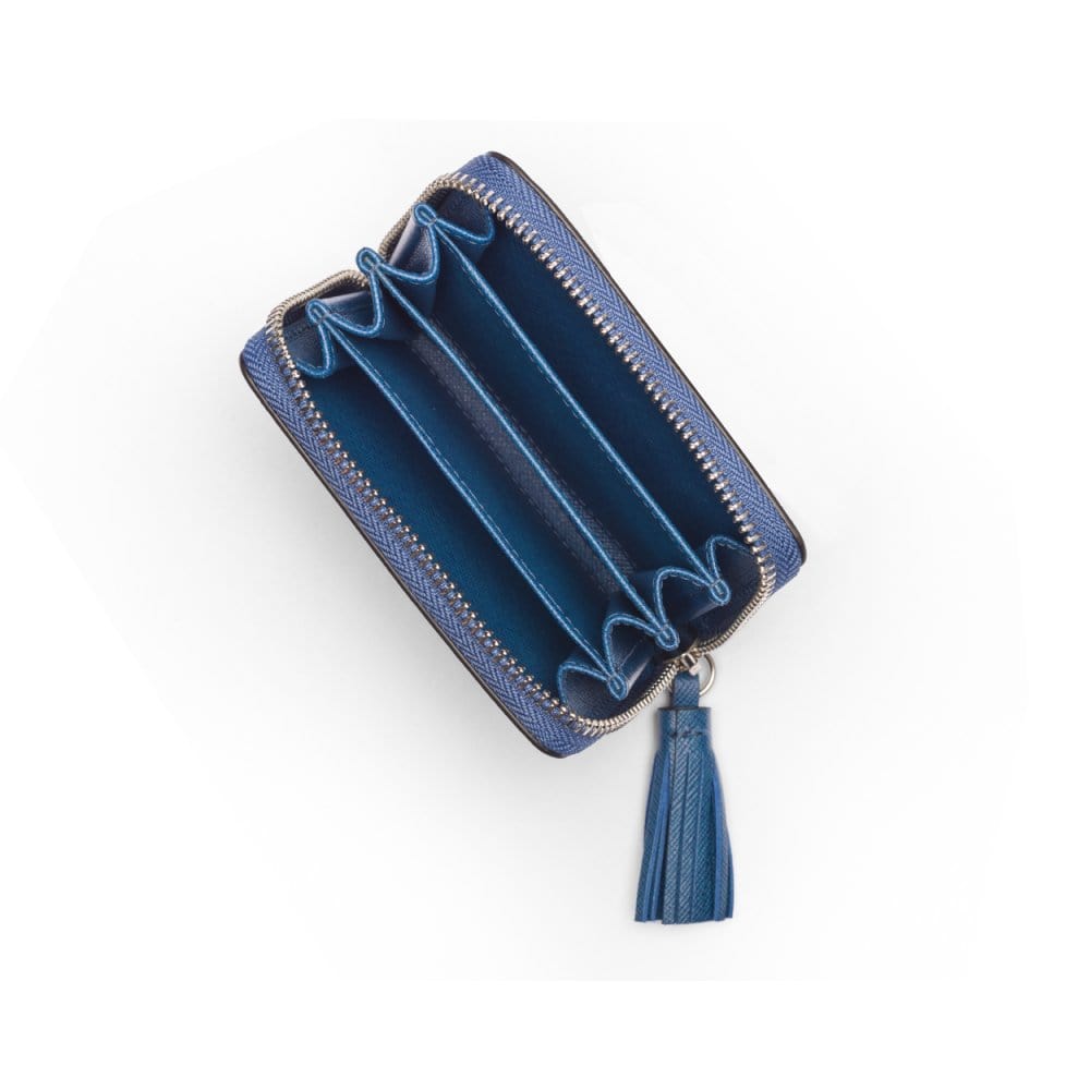 Small leather zip around coin purse, cobalt saffiano, interior