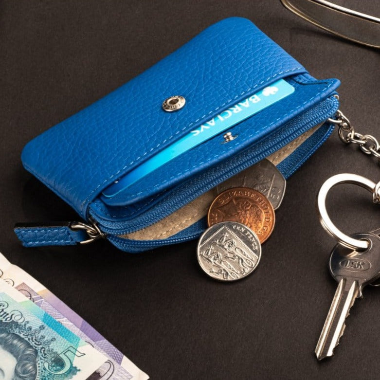 Small leather zip coin purse, cobalt, lifestyle