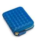 Small zip around woven leather accordion purse, cobalt, front