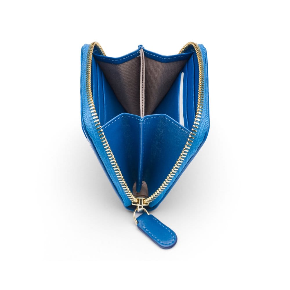 Small zip around woven leather accordion purse, cobalt, open