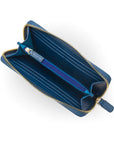 Tall leather zip around accordion purse, cobalt croc, inside