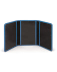 Leather tri-fold travel card holder, cobalt, open