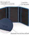 Leather tri-fold travel card holder, cobalt, features