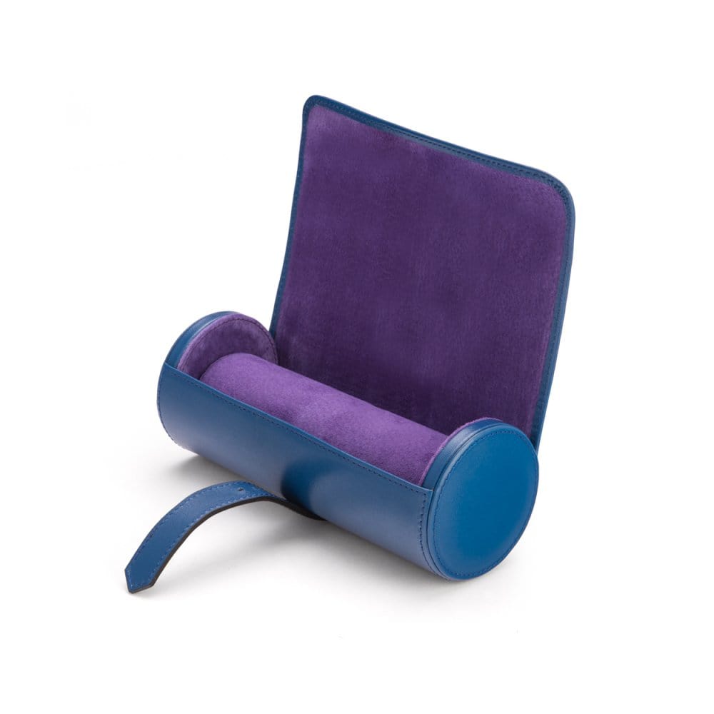 Large leather watch roll, cobalt with purple, inside