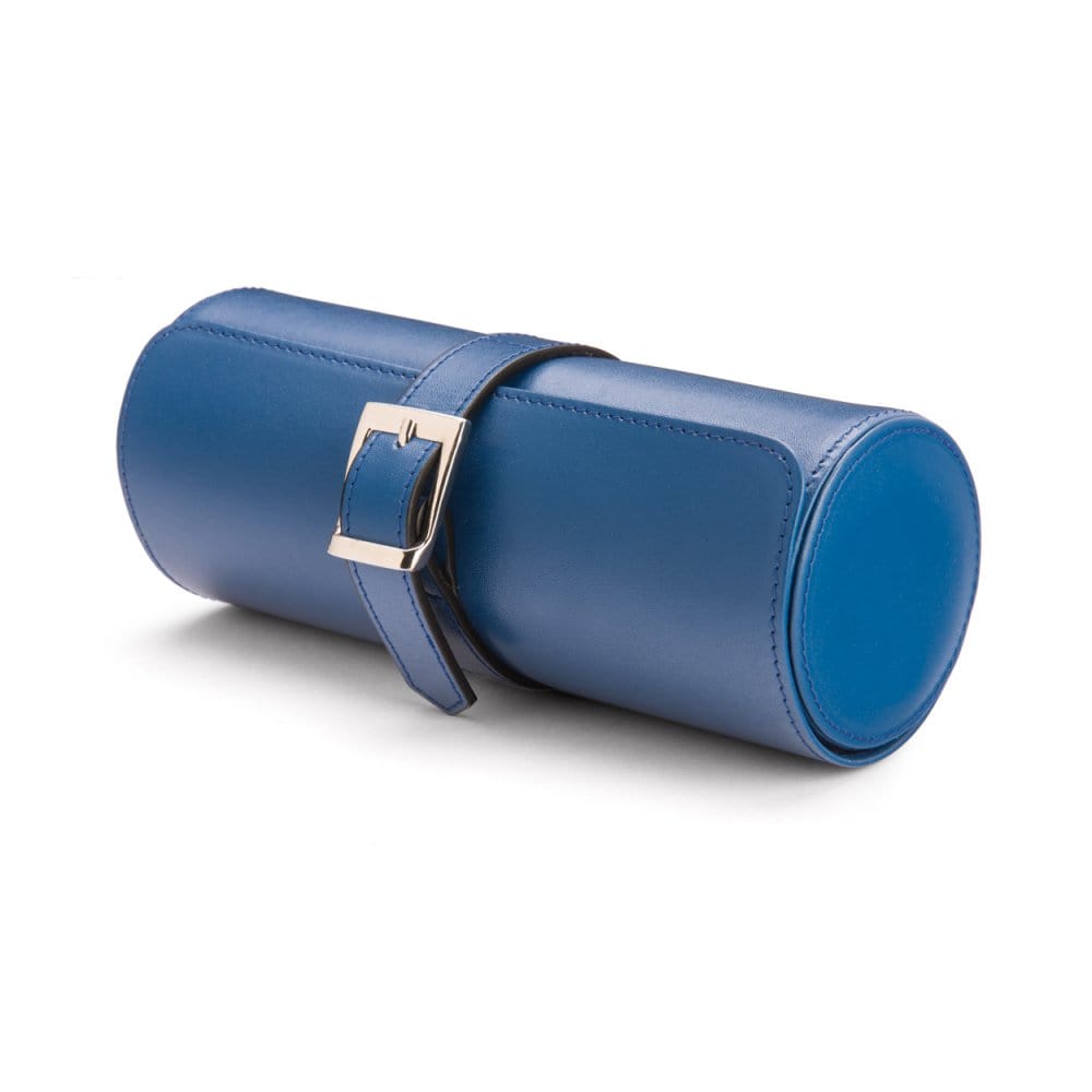 Large leather watch roll, cobalt with purple, front