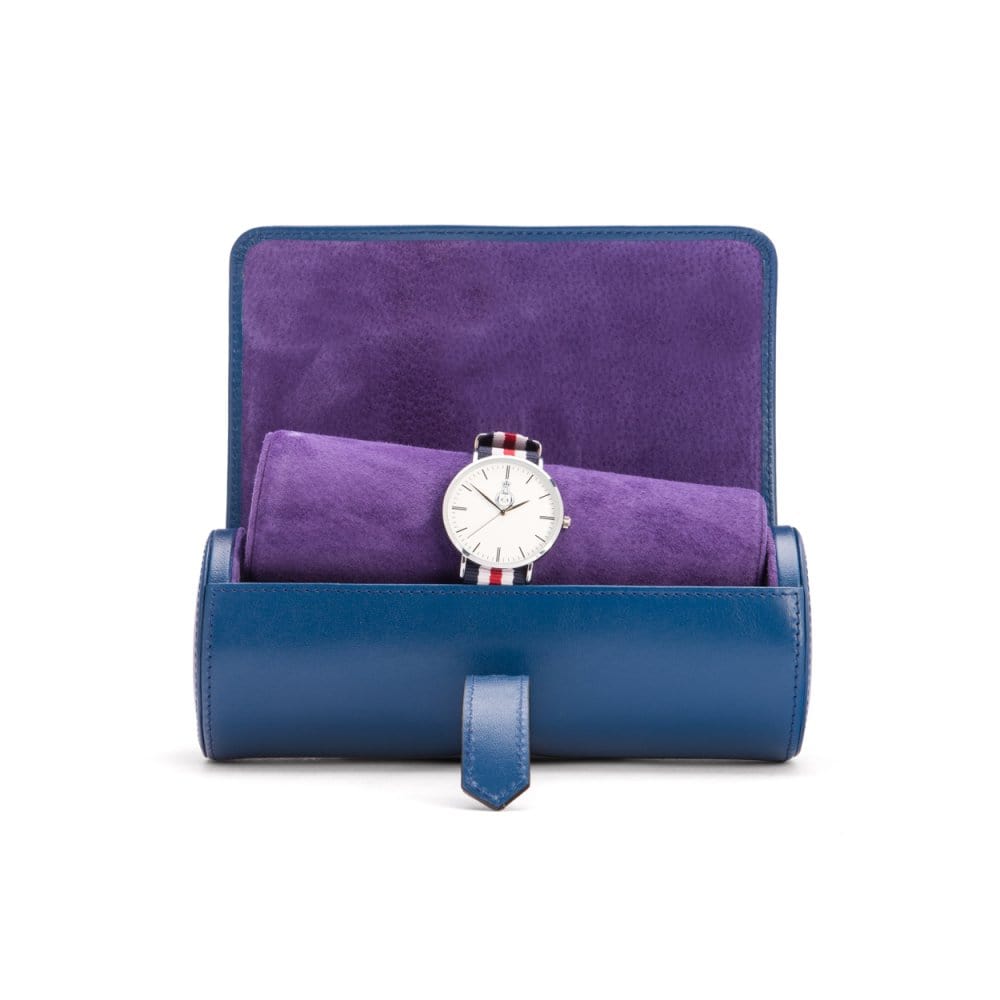 Large leather watch roll, cobalt with purple, open