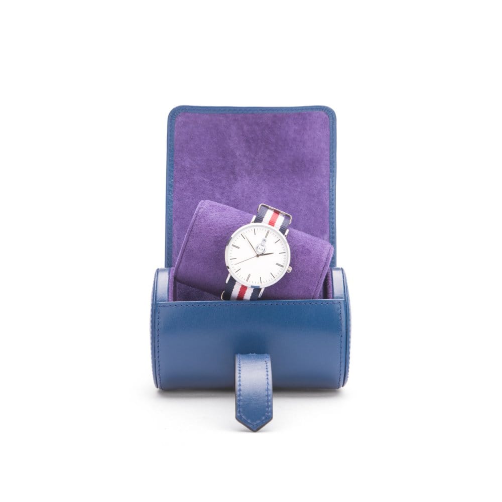 Small leather watch roll, cobalt, inside